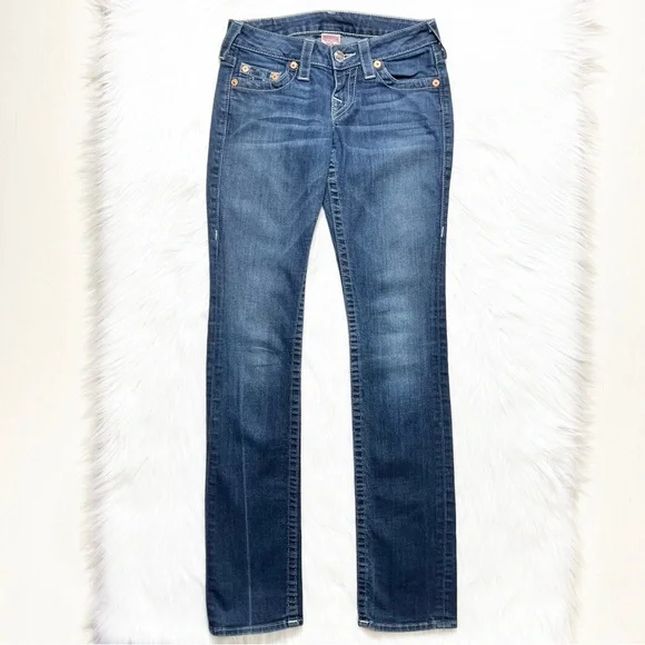 True Religion Straight Leg Low Rise Medium Wash Logo Embroidered Jeans - Picture 2 of 10